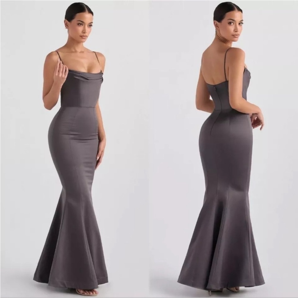 House of CB 'Violette' Shadow Grey Satin Fishtail Maxi Gown NWOT‎ size XS